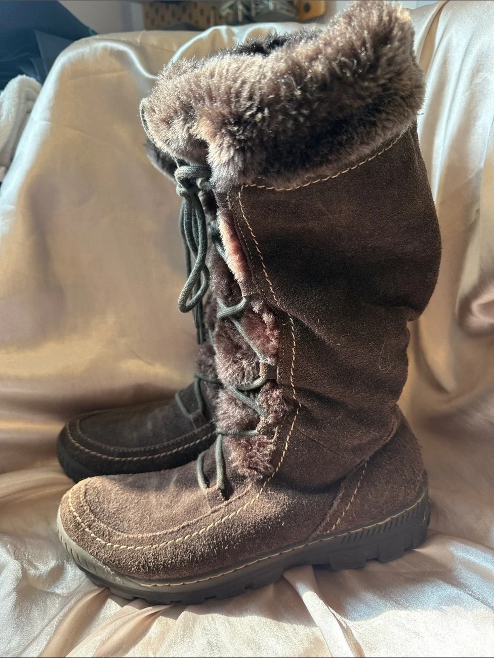 Women's Brown Suede Faux-Fur  Lace-Up Winter Boots (and zip)